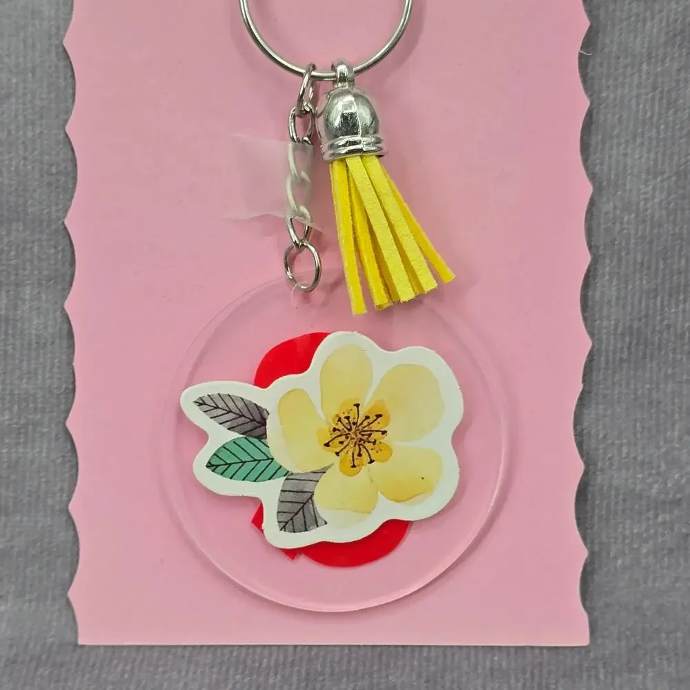 Letter Keychain‎ Clear Silver Circle Handmade Acrylic Tassel Flower Q Yellow